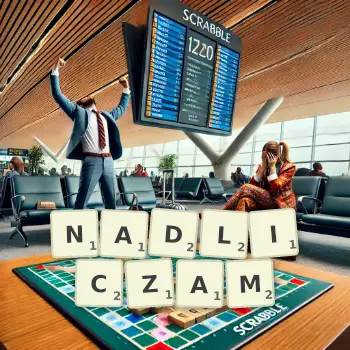 Kreatywna ilustracja do gry w Scrabble ze słowem NADLICZAM ułożonym z płytek na planszy.