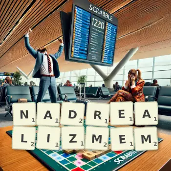 Kreatywna ilustracja do gry w Scrabble ze słowem NADREALIZMEM ułożonym z płytek na planszy.
