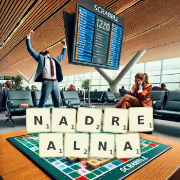 Kreatywna ilustracja do gry w Scrabble ze słowem NADREALNA ułożonym z płytek na planszy.