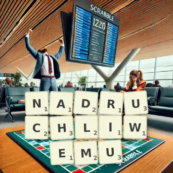 Kreatywna ilustracja do gry w Scrabble ze słowem NADRUCHLIWEMU ułożonym z płytek na planszy.