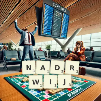 Kreatywna ilustracja do gry w Scrabble ze słowem NADRWIJ ułożonym z płytek na planszy.