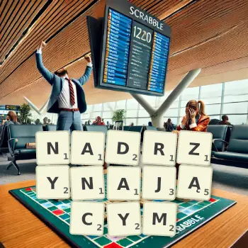 Kreatywna ilustracja do gry w Scrabble ze słowem NADRZYNAJĄCYM ułożonym z płytek na planszy.