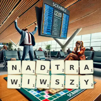 Kreatywna ilustracja do gry w Scrabble ze słowem NADTRAWIWSZY ułożonym z płytek na planszy.