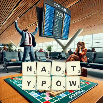 Kreatywna ilustracja do gry w Scrabble ze słowem NADTYPÓW ułożonym z płytek na planszy.