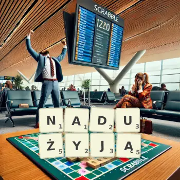Kreatywna ilustracja do gry w Scrabble ze słowem NADUŻYJĄ ułożonym z płytek na planszy.