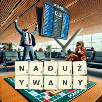 Kreatywna ilustracja do gry w Scrabble ze słowem NADUŻYWANY ułożonym z płytek na planszy.