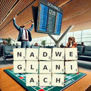 Kreatywna ilustracja do gry w Scrabble ze słowem NADWEGLANIACH ułożonym z płytek na planszy.
