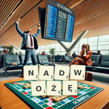 Kreatywna ilustracja do gry w Scrabble ze słowem NADWOŻĘ ułożonym z płytek na planszy.