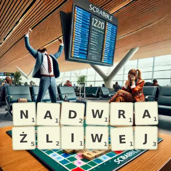 Kreatywna ilustracja do gry w Scrabble ze słowem NADWRAŻLIWEJ ułożonym z płytek na planszy.