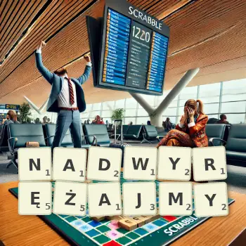 Kreatywna ilustracja do gry w Scrabble ze słowem NADWYRĘŻAJMY ułożonym z płytek na planszy.