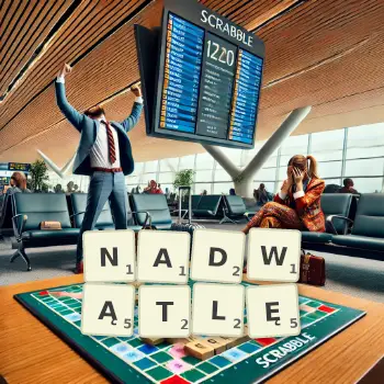 Kreatywna ilustracja do gry w Scrabble ze słowem NADWĄTLĘ ułożonym z płytek na planszy.