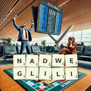 Kreatywna ilustracja do gry w Scrabble ze słowem NADWĘGLILI ułożonym z płytek na planszy.
