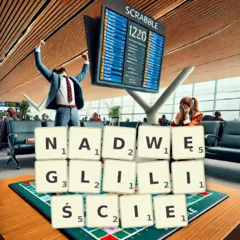 Kreatywna ilustracja do gry w Scrabble ze słowem NADWĘGLILIŚCIE ułożonym z płytek na planszy.