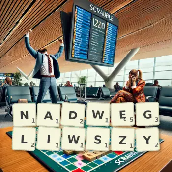 Kreatywna ilustracja do gry w Scrabble ze słowem NADWĘGLIWSZY ułożonym z płytek na planszy.