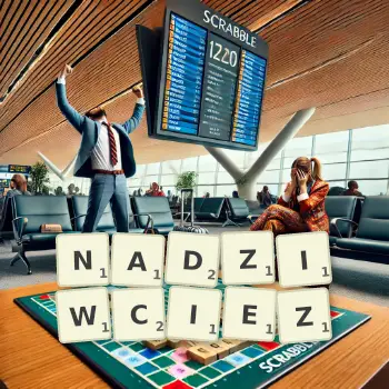 Kreatywna ilustracja do gry w Scrabble ze słowem NADZIWCIEZ ułożonym z płytek na planszy.