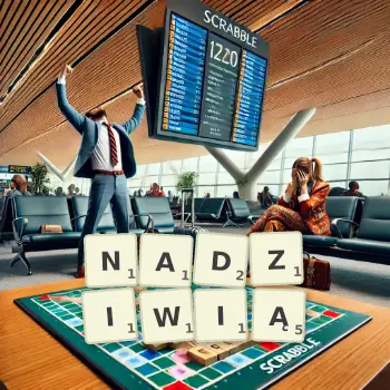 Kreatywna ilustracja do gry w Scrabble ze słowem NADZIWIĄ ułożonym z płytek na planszy.
