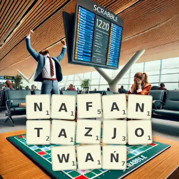 Kreatywna ilustracja do gry w Scrabble ze słowem NAFANTAZJOWAŃ ułożonym z płytek na planszy.