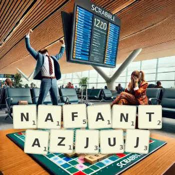 Kreatywna ilustracja do gry w Scrabble ze słowem NAFANTAZJUJ ułożonym z płytek na planszy.