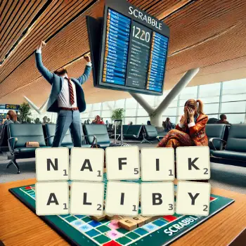 Kreatywna ilustracja do gry w Scrabble ze słowem NAFIKALIBY ułożonym z płytek na planszy.