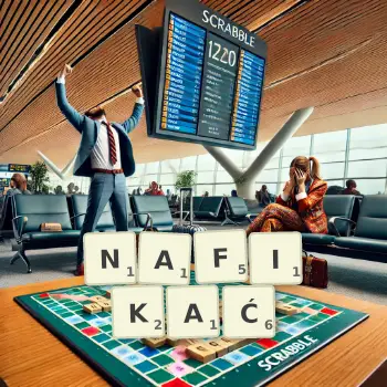 Kreatywna ilustracja do gry w Scrabble ze słowem NAFIKAĆ ułożonym z płytek na planszy.