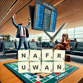 Kreatywna ilustracja do gry w Scrabble ze słowem NAFRUWAŃ ułożonym z płytek na planszy.
