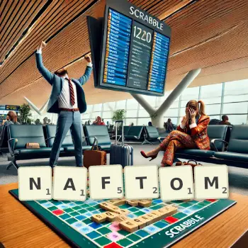 Kreatywna ilustracja do gry w Scrabble ze słowem NAFTOM ułożonym z płytek na planszy.