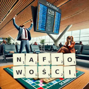 Kreatywna ilustracja do gry w Scrabble ze słowem NAFTOWOŚCI ułożonym z płytek na planszy.