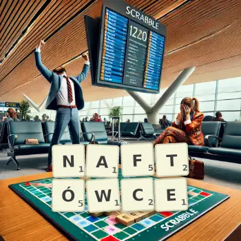 Kreatywna ilustracja do gry w Scrabble ze słowem NAFTÓWCE ułożonym z płytek na planszy.