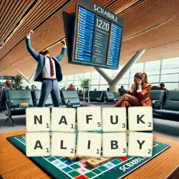 Kreatywna ilustracja do gry w Scrabble ze słowem NAFUKALIBY ułożonym z płytek na planszy.