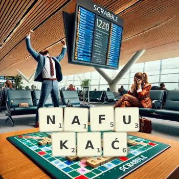 Kreatywna ilustracja do gry w Scrabble ze słowem NAFUKAĆ ułożonym z płytek na planszy.