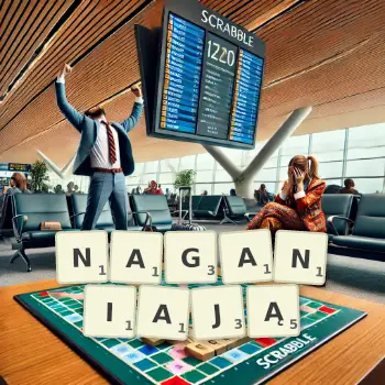 Kreatywna ilustracja do gry w Scrabble ze słowem NAGANIAJĄ ułożonym z płytek na planszy.