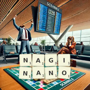 Kreatywna ilustracja do gry w Scrabble ze słowem NAGINANO ułożonym z płytek na planszy.