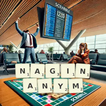 Kreatywna ilustracja do gry w Scrabble ze słowem NAGINANYM ułożonym z płytek na planszy.