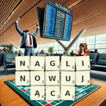Kreatywna ilustracja do gry w Scrabble ze słowem NAGLINOWUJĄCA ułożonym z płytek na planszy.