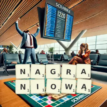 Kreatywna ilustracja do gry w Scrabble ze słowem NAGRANIOWĄ ułożonym z płytek na planszy.