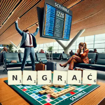 Kreatywna ilustracja do gry w Scrabble ze słowem NAGRAĆ ułożonym z płytek na planszy.