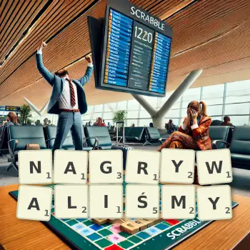 Kreatywna ilustracja do gry w Scrabble ze słowem NAGRYWALIŚMY ułożonym z płytek na planszy.