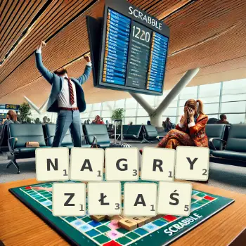 Kreatywna ilustracja do gry w Scrabble ze słowem NAGRYZŁAŚ ułożonym z płytek na planszy.