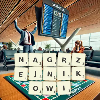 Kreatywna ilustracja do gry w Scrabble ze słowem NAGRZEJNIKOWI ułożonym z płytek na planszy.