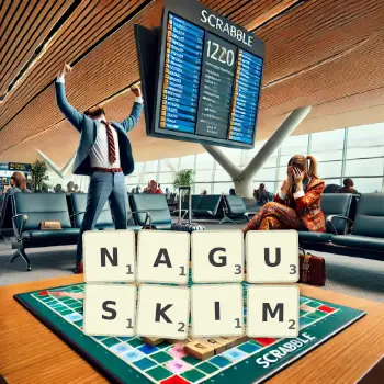 Kreatywna ilustracja do gry w Scrabble ze słowem NAGUSKIM ułożonym z płytek na planszy.