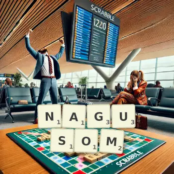 Kreatywna ilustracja do gry w Scrabble ze słowem NAGUSOM ułożonym z płytek na planszy.