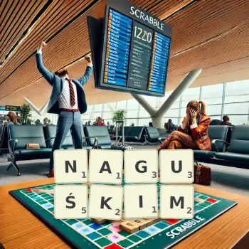 Kreatywna ilustracja do gry w Scrabble ze słowem NAGUŚKIM ułożonym z płytek na planszy.