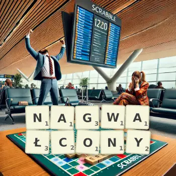 Kreatywna ilustracja do gry w Scrabble ze słowem NAGWAŁCONY ułożonym z płytek na planszy.