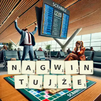 Kreatywna ilustracja do gry w Scrabble ze słowem NAGWINTUJŻE ułożonym z płytek na planszy.
