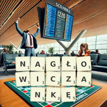 Kreatywna ilustracja do gry w Scrabble ze słowem NAGŁOWICZANKĘ ułożonym z płytek na planszy.
