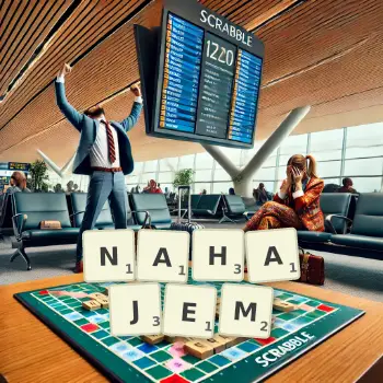 Kreatywna ilustracja do gry w Scrabble ze słowem NAHAJEM ułożonym z płytek na planszy.
