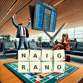 Kreatywna ilustracja do gry w Scrabble ze słowem NAIGRANO ułożonym z płytek na planszy.