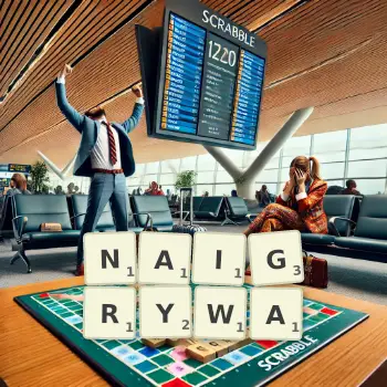 Kreatywna ilustracja do gry w Scrabble ze słowem NAIGRYWA ułożonym z płytek na planszy.