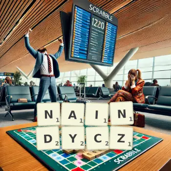 Kreatywna ilustracja do gry w Scrabble ze słowem NAINDYCZ ułożonym z płytek na planszy.