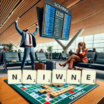 Kreatywna ilustracja do gry w Scrabble ze słowem NAIWNE ułożonym z płytek na planszy.
